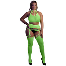 Ouch! Glow in The Dark Neon Green Crop Top met Jarretelkousen Plus Size  1