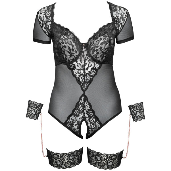 Cottelli Bondage Kruisloos Kanten Body met Handboeien Plus Size