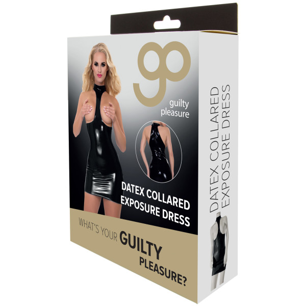 Guilty Pleasure Fetish Wear Datex Exposure Dress met Halsband en Gespleten Open Buste