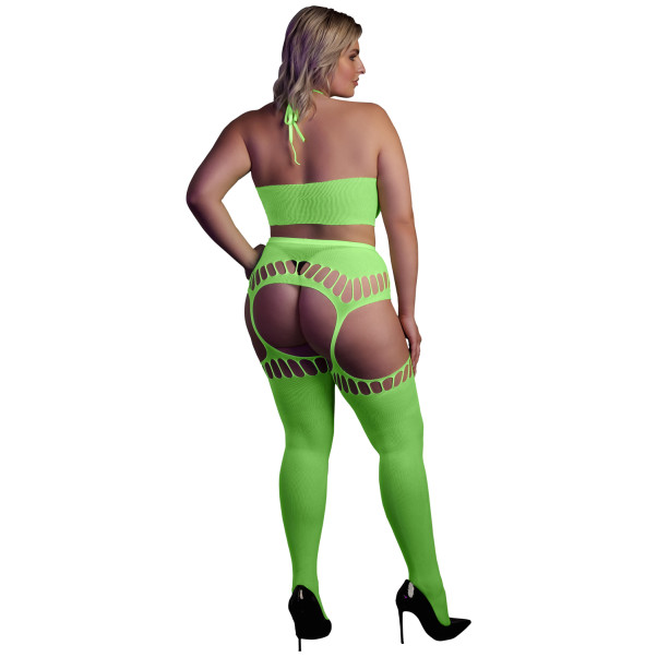 Ouch! Glow in The Dark Neon Green Crop Top met Jarretelkousen Plus Size
